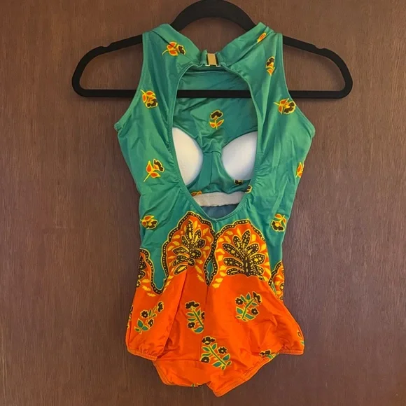 Vintage Vibrant Green and Orange Swimsuit - Picture 2 of 4